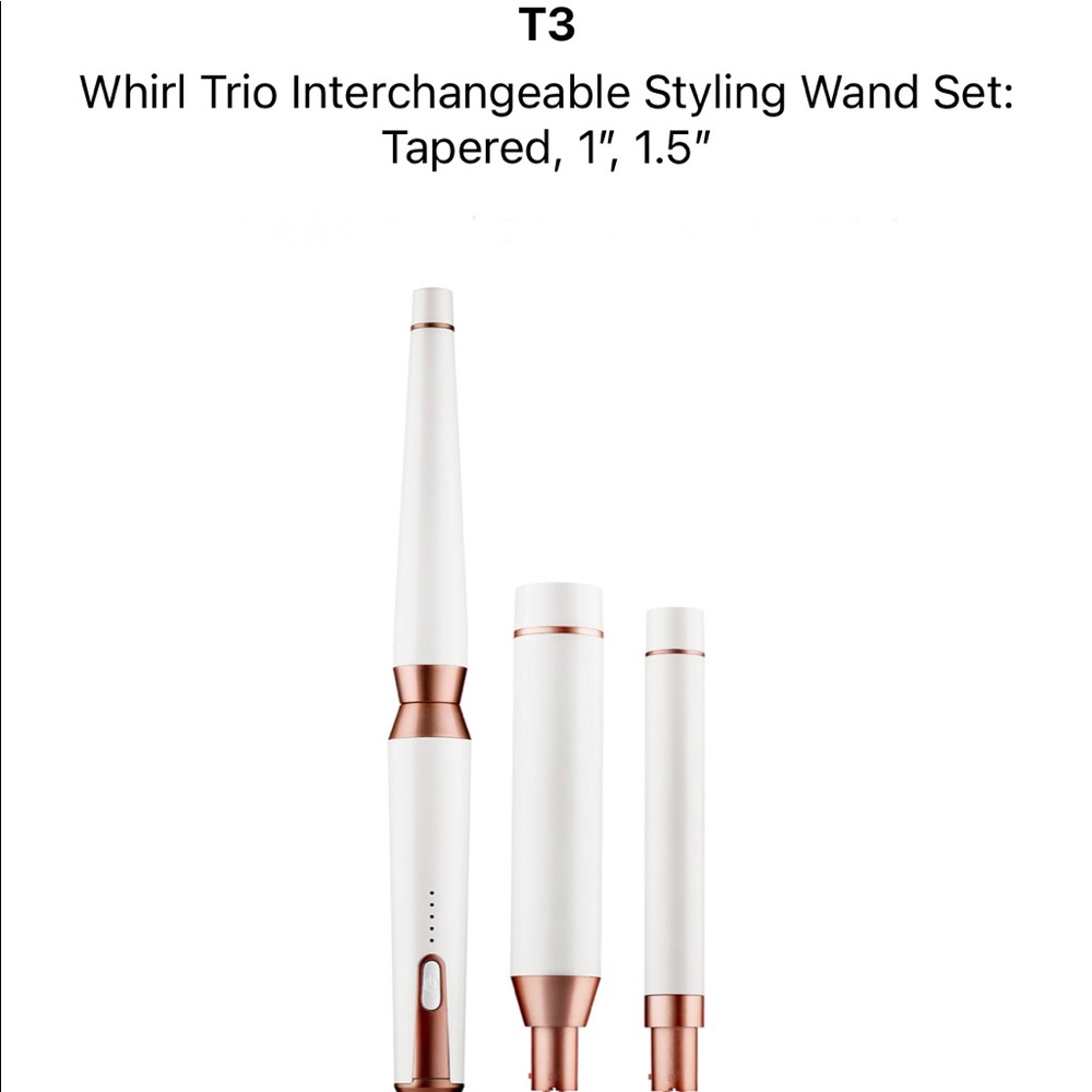 T3 Whirl Trio. Three interchangeable curling rods, base, glove, mat and manual.